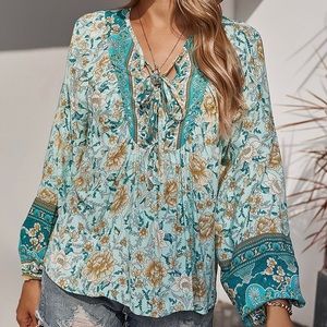 NWOT Green Floral Tie-Neck Peasant Top XL